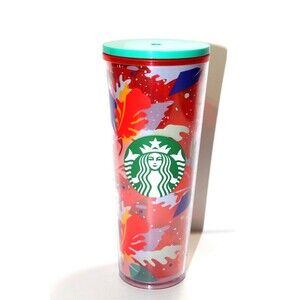 Starbucks Venti Cold Cup Tumbler 24oz Tropical Leaf Multi Color Red Acrylic